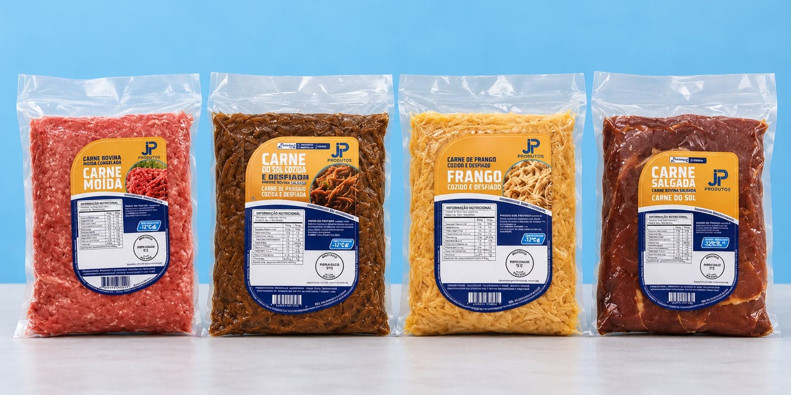 Produtos JP: carne moída, carne do sol desfiada, frango desfiado e carne do sol.